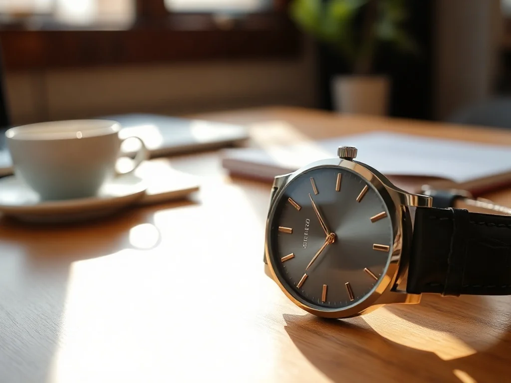 Elegancki minimalistyczny zegarek na biurku obok laptopa i kawy, podkreślający nowoczesny, stylowy charakter marki Elixa.