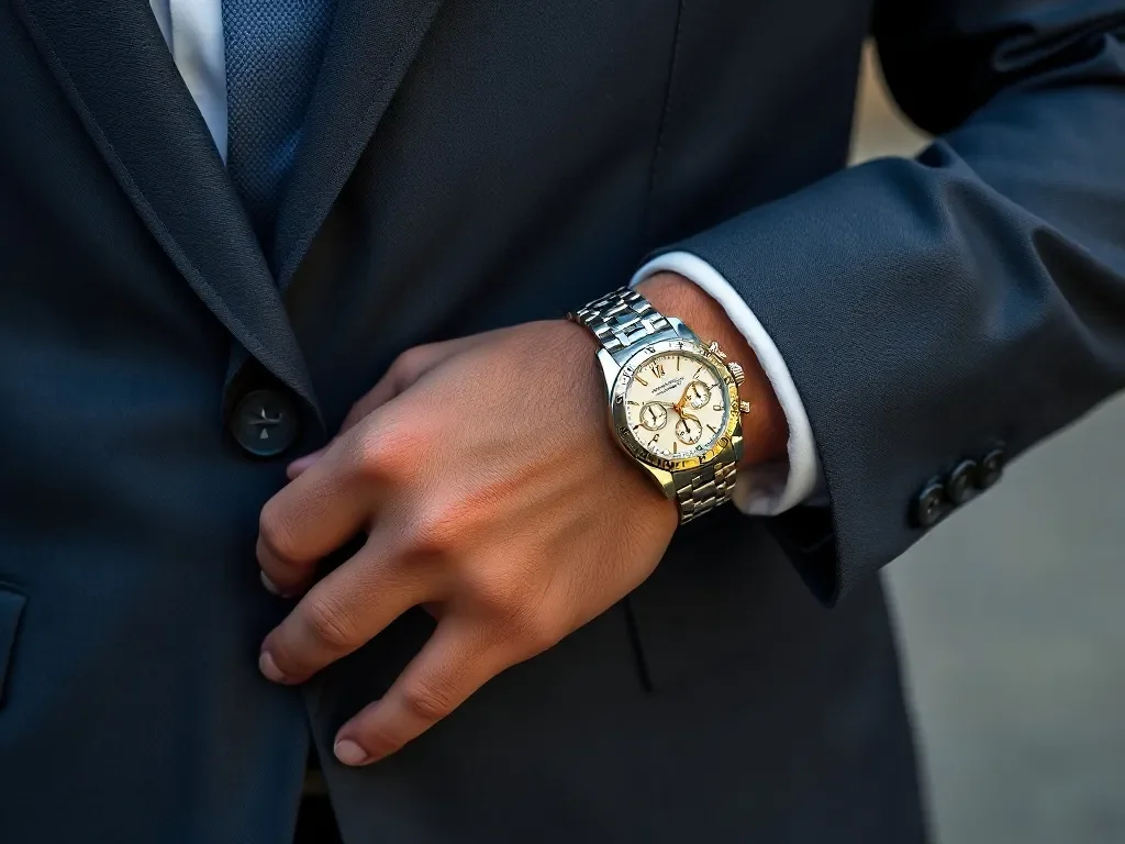 mężczyzna w garniturze i eleganckim zegarkiem na ręce