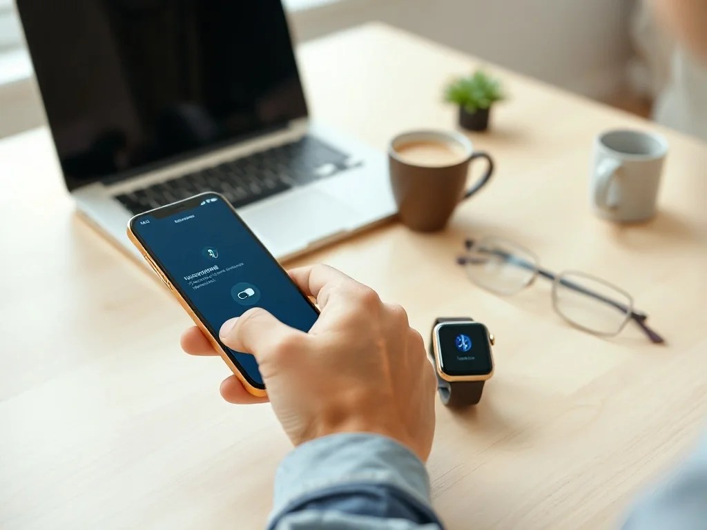 Łączenie prostego smartwatcha z nowoczesnym telefonem przez Bluetooth na jasnym, uporządkowanym biurku w domu