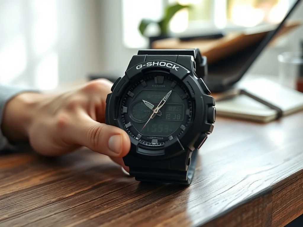 Ustawianie czarnego zegarka G-Shock na drewnianym biurku w domowym biurze z laptopem i notatnikiem w tle.