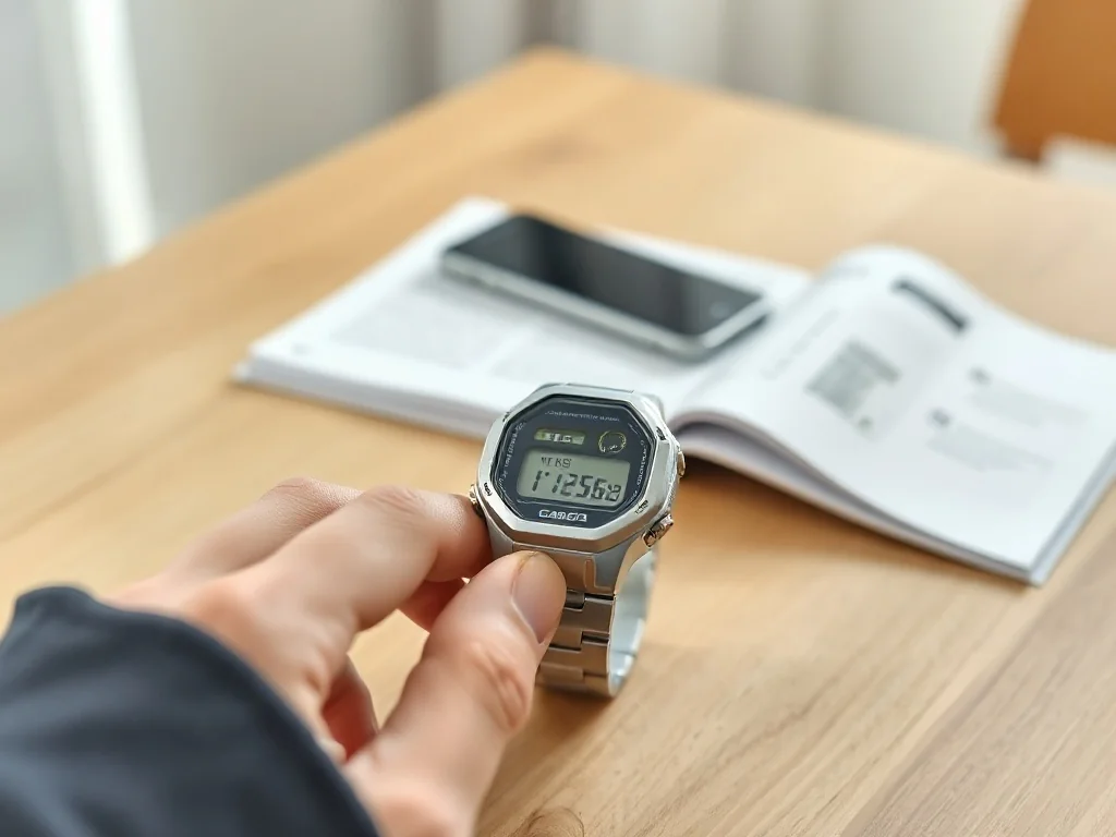 Ustawianie zegarka elektronicznego Casio krok po kroku, z użyciem bocznych przycisków i wsparciem instrukcji na stole.