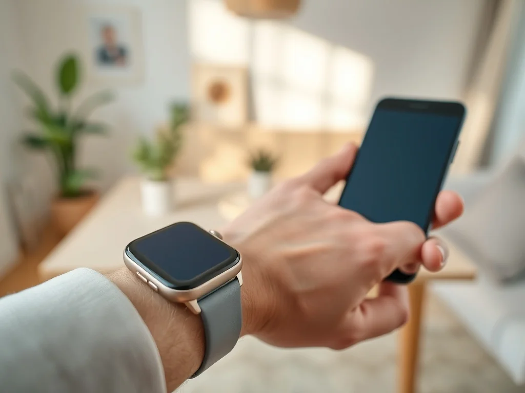 Smartwatch na nadgarstku sparowany z trzymanym obok smartfonem, w tle rozmyte, przytulne wnętrze domu.