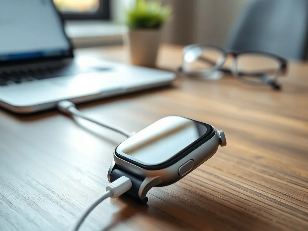 Smartwatch Garett podłączony do ładowarki na biurku, ekran pozostaje ciemny, brak ikony ładowania.