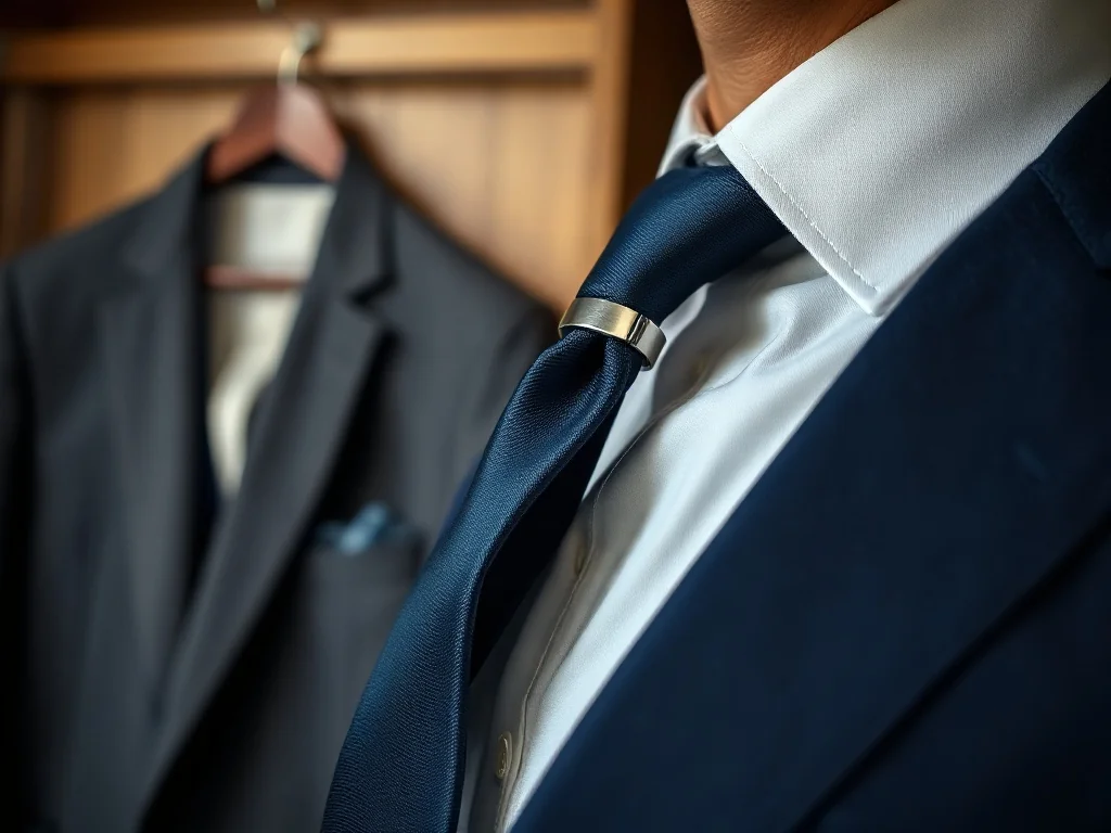 Srebrna spinka do krawata na granatowym jedwabnym krawacie, przykład eleganckiego i klasycznego męskiego stylu.