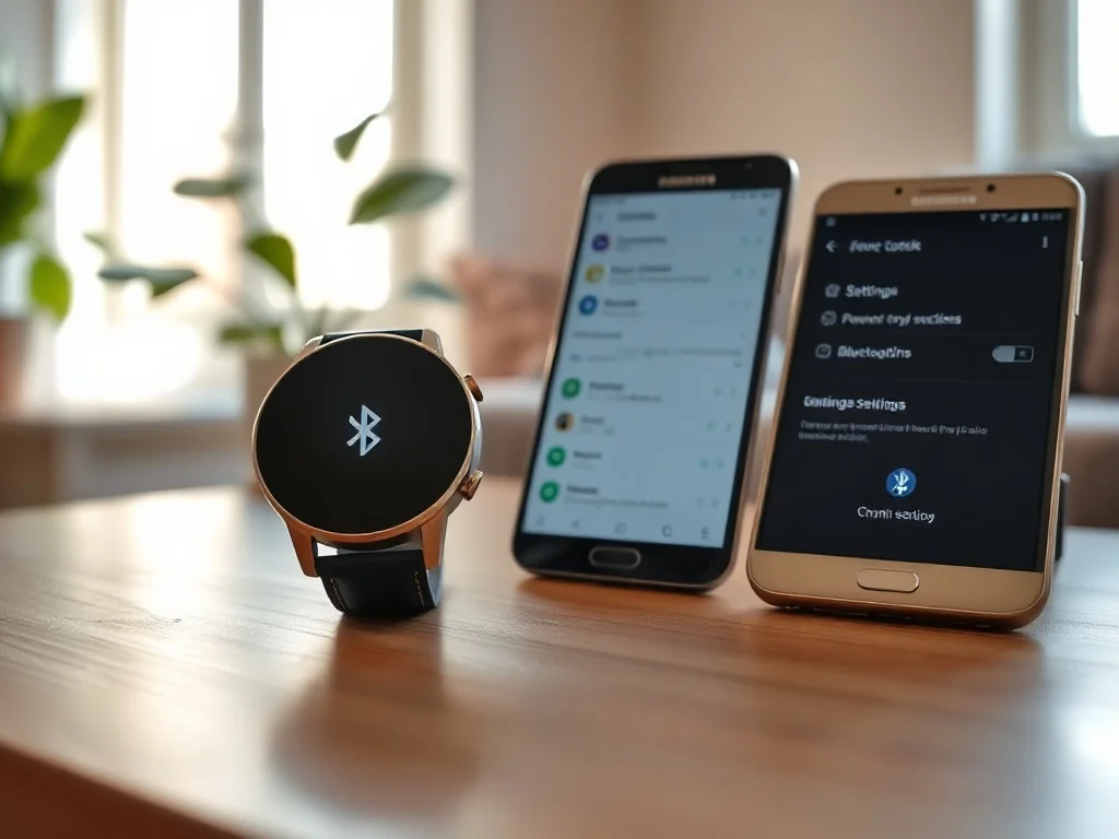 Zbliżenie zegarka Huawei obok smartfona Samsung z włączonym Bluetooth, ilustrujące proces parowania urządzeń.