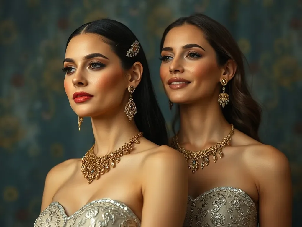 copuple of womans standing with elegantly dressed with gold and silver jewelry