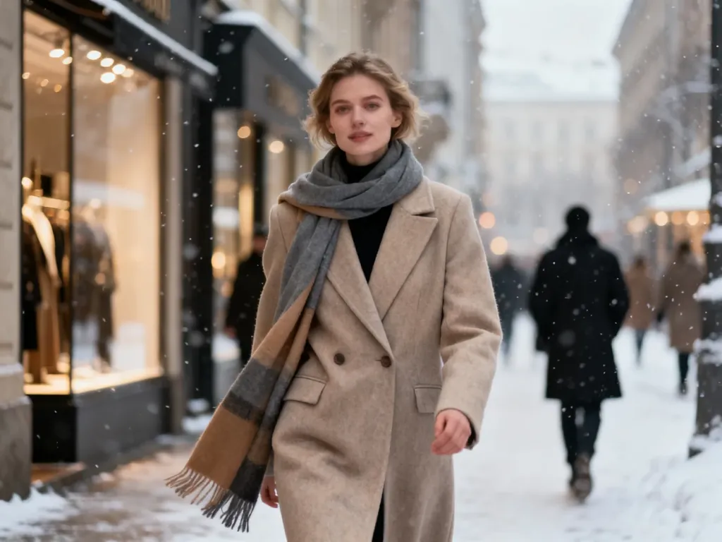Elegancka kobieta w wełnianym płaszczu i szaliku spaceruje zimą po mieście, prezentując stylową, kobiecą modę.