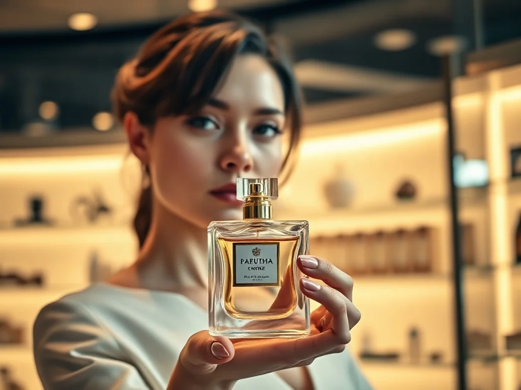 Elegancka kobieta trzymająca luksusowy flakon perfum Carolina Herrera w nowoczesnym wnętrzu butiku.
