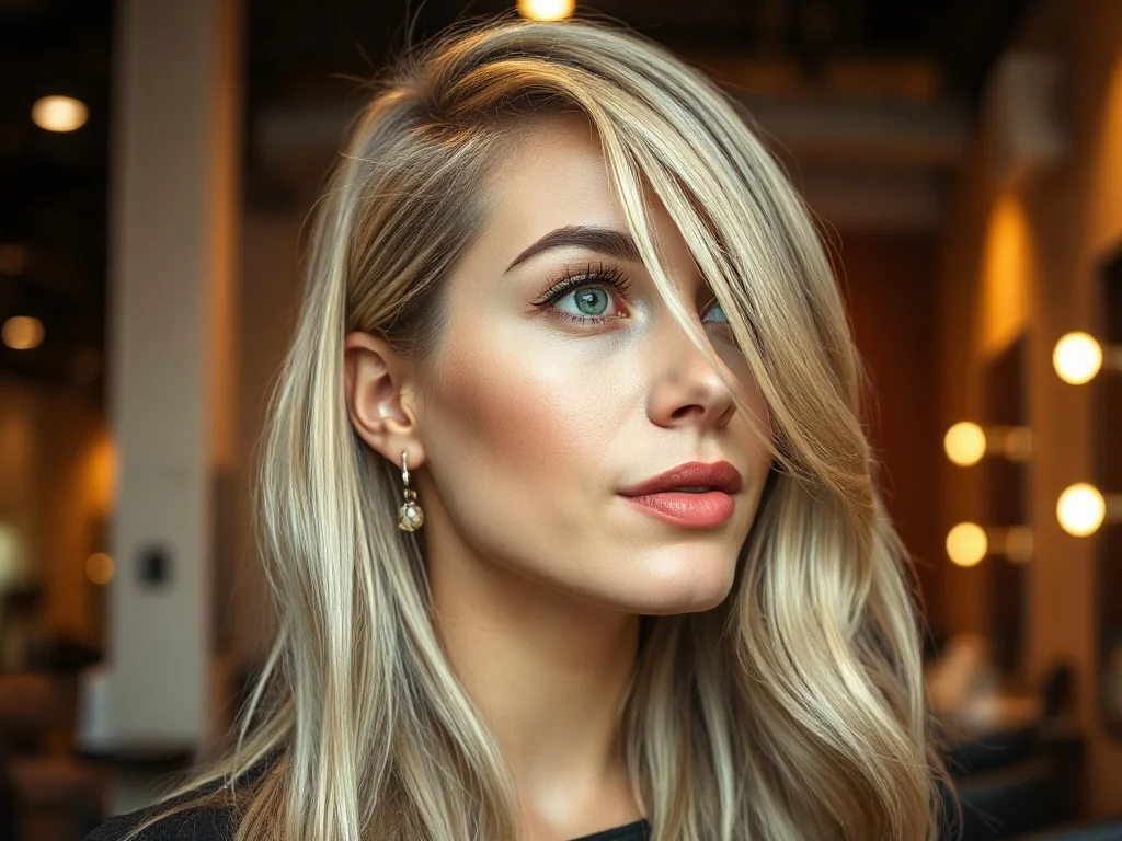 Kobieta z modnym efektem ciemnych odrostów przy jasnych blond włosach, prezentująca stylową fryzurę w nowoczesnym salonie.