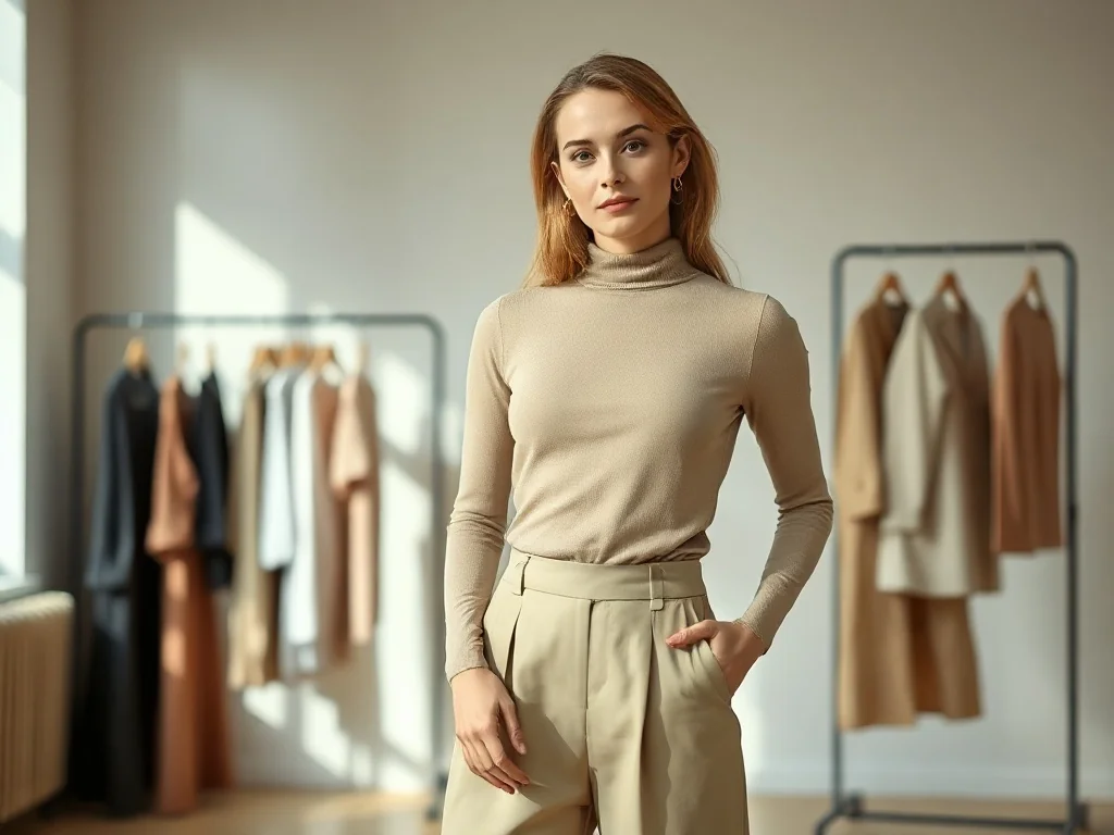 Kobieta w dopasowanym golfie i szerokich spodniach w minimalistycznym wnętrzu, prezentująca elegancką stylizację.