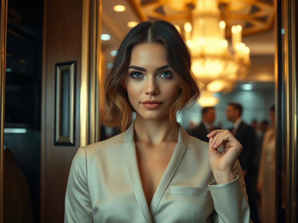 Elegancka kobieta w stylowym stroju przygotowująca się do wyjścia do teatru na tle foyer.
