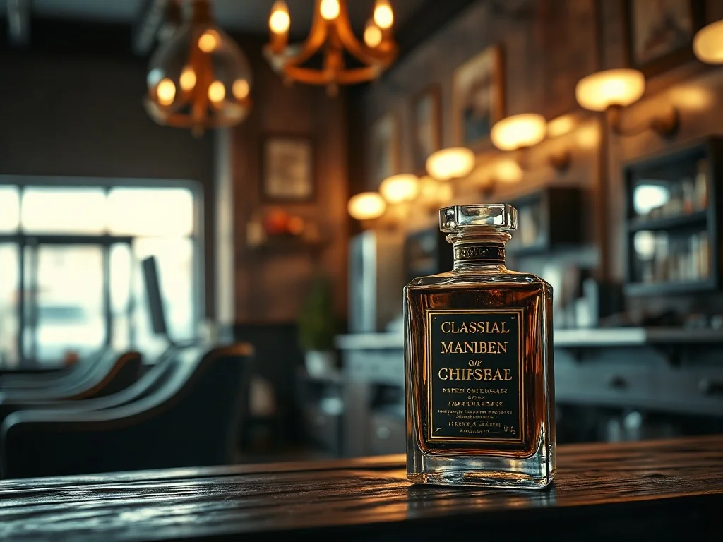 Klasyczna butelka wody toaletowej Paco Rabanne pour homme na tle stylowego, nastrojowego wnętrza zakładu fryzjerskiego.