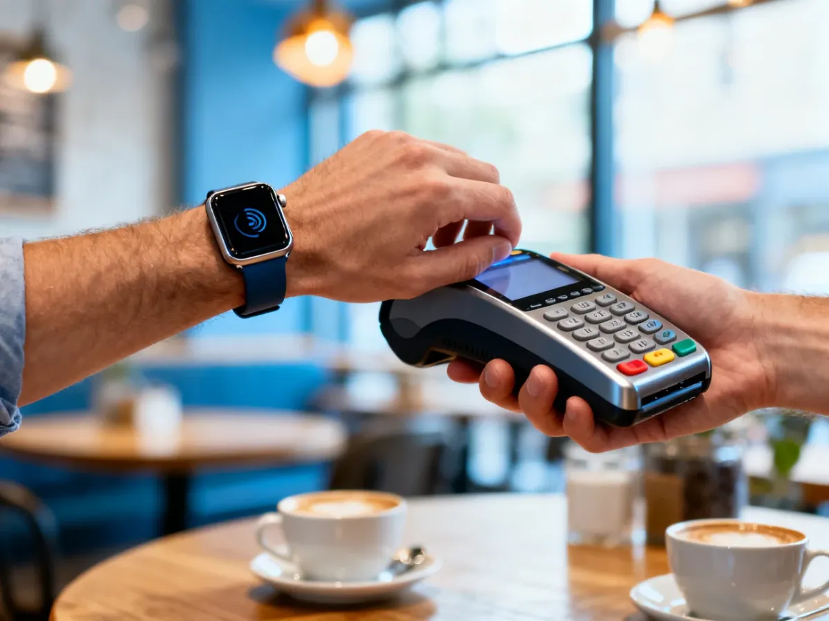 Mężczyzna przykłada nowoczesny smartwatch do terminala, dokonując płatności zbliżeniowej w jasnej kawiarni, no text on the picture